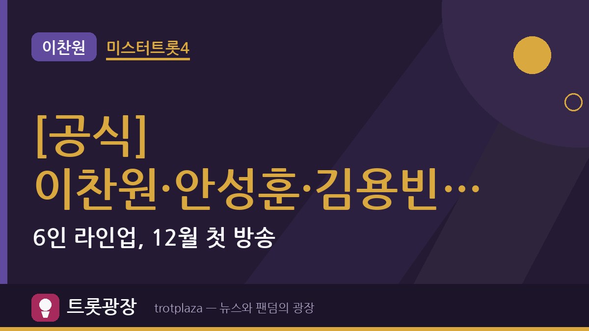 [공식] 이찬원·안성훈·김용빈 ‘미스터트롯4’ 마스터 합류…6인 라인업, 12월 첫 방송